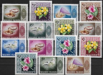 1966 Maldive shells, birds and flowers 15v MNH SG n. 174/88