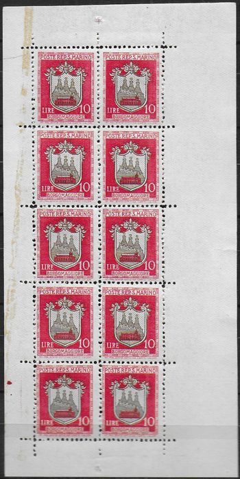 1945 San Marino Coat of Arms Lire 10 MS variety MNH Sassone n. 1a