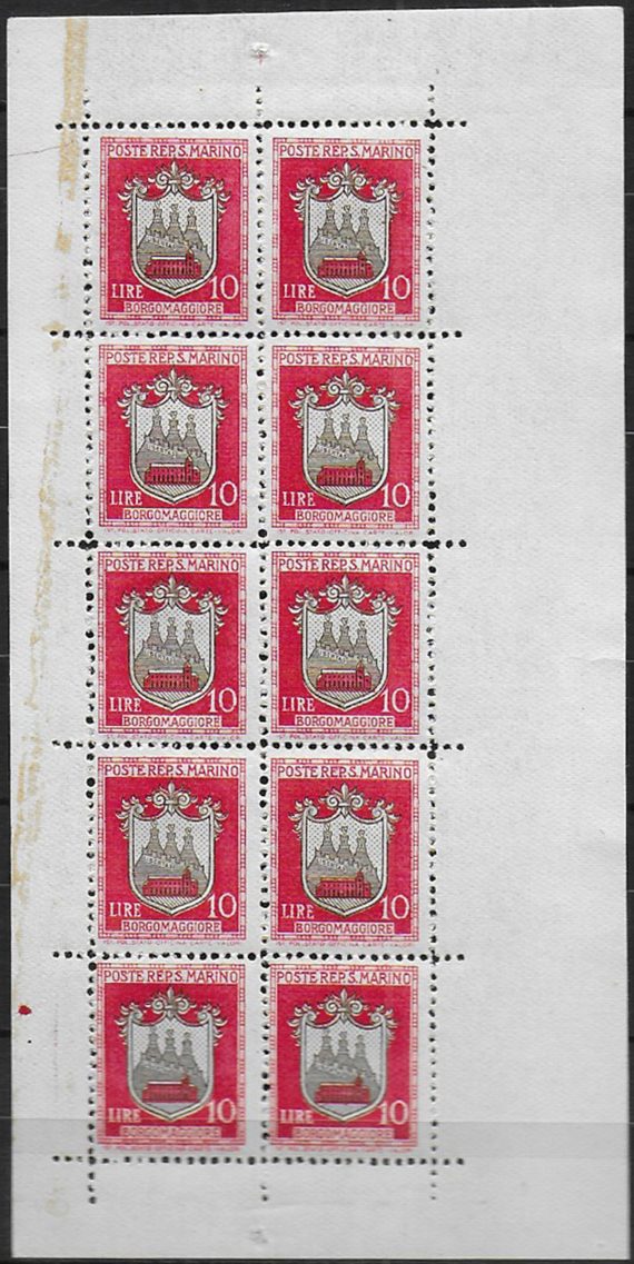 1945 San Marino Coat of Arms Lire 10 MS variety MNH Sassone n. 1a