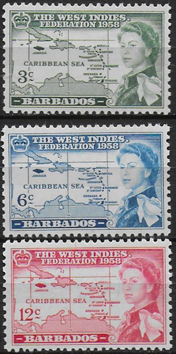 1958 Barbados British Caribbean Federation 3v. MNH SG n. 303/05