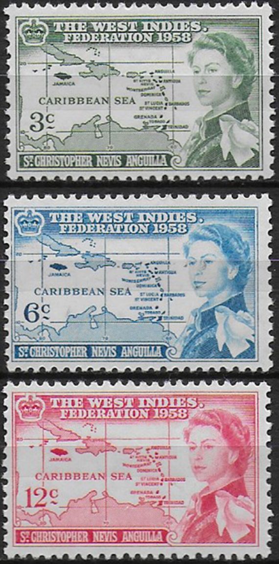 1958 St Christopher Nevis British Caribbean Federation 3v. MNH SG n. 120/22