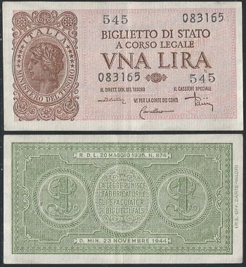 1944 (1953) Italia Lire 1 Italia Laureata FDS Gigante Rif BS 5C