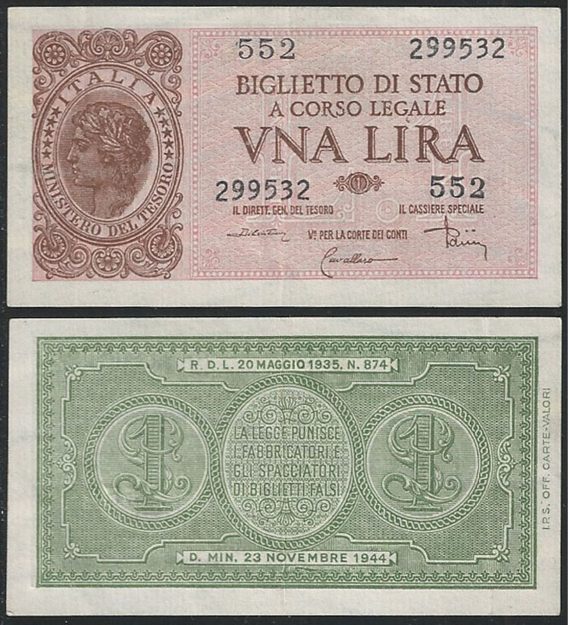 1944 Lire 1 Italia Laureata SUP Rif Gigante BS 5C