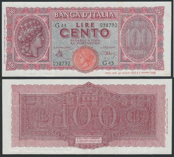 1944 Lire 100 Italia turrita FDS Gigante Rif BI 25A