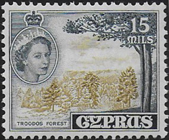 1958 Cyprus Elizabeth II 50m. yellow-olive indigo MNH SG n. 177aa