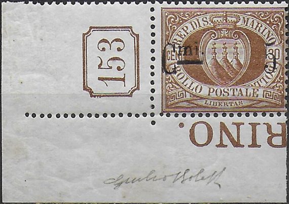 1892 San Marino stemma 5c. on 30c. table number MNH Sassone n. 9