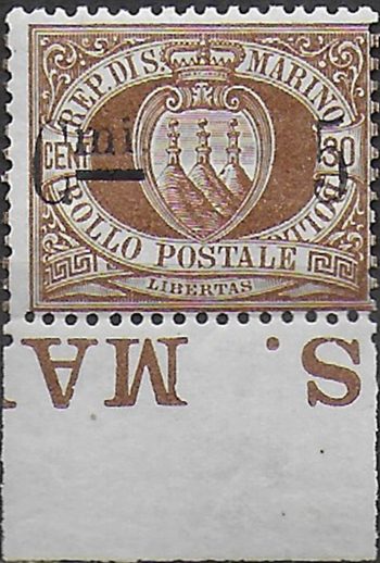 1892 San Marino stemma 5c. on 30c. brown bi MNH Sassone n. 9