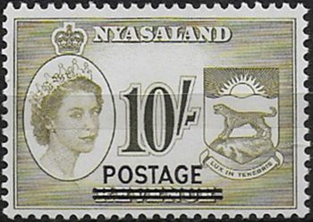 1963 Nyasaland POSTAGE 10s. greenosh olive MNH SG n. 197a