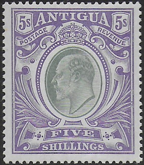 1903 Antigua Edward VII 5s. grey-green and violet MNH SG n. 40