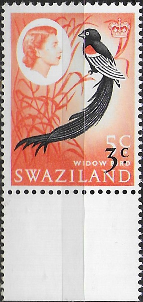 1968 Swaziland Widow Bird 3c. on 5c. Wmk inv. MNH SG n. 136w