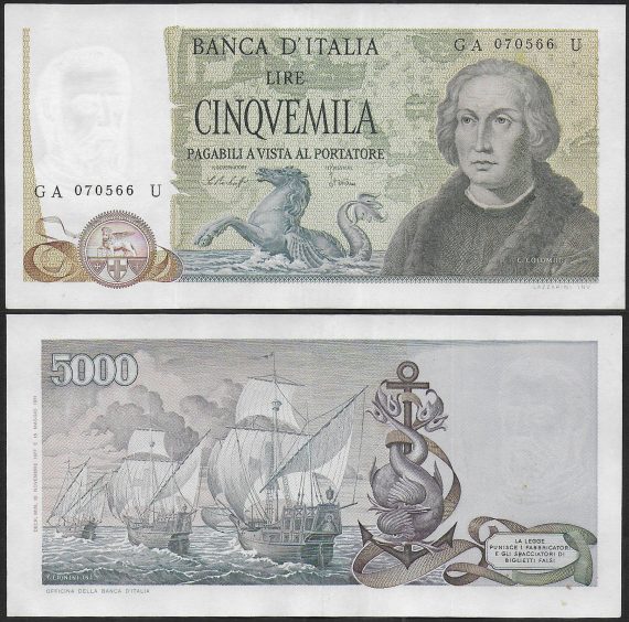 1977 Italia Lire 5.000 Colombo 2nd type SUP Rif. BI 67C Gigante