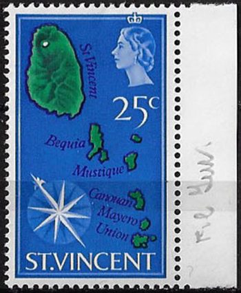 1965 St Vincent Map 25c. Wmk inv. MNH SG n. 241w