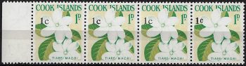 1967 Cook Islands Tiare Maori 1c. strip of four varieties MNH SG n. 205a+b+c+d